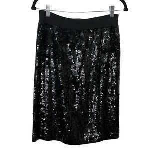 Nancy Johnson Black Sequin Pencil Skirt Wool Blend Knit Waist Size S
